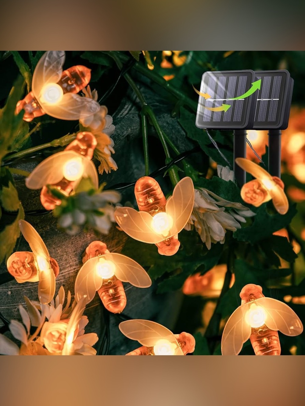 Solar String Lights,2 Pack Each 16.5Ft Total 60 LED Bee Solar Fairy Lights Outdo